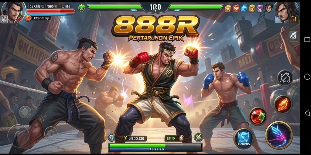 Tampilan utama gameplay 888R dengan karakter bertarung di arena.