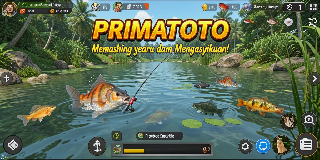 Screenshot utama PRIMATOTO menampilkan aksi seru memancing di lokasi yang indah.